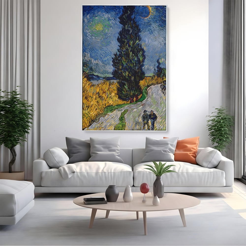 Tablou canvas cu reproducere pictura van gogh, in rama de aluminiu argintiu, pe perete intr-un living